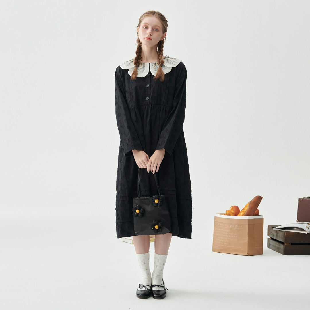 Leorlax Original Black Dress Female Fall New Fashion Girl Long-sleeved Petal Collar Japanese Polka Dot Dresses for Women 2023