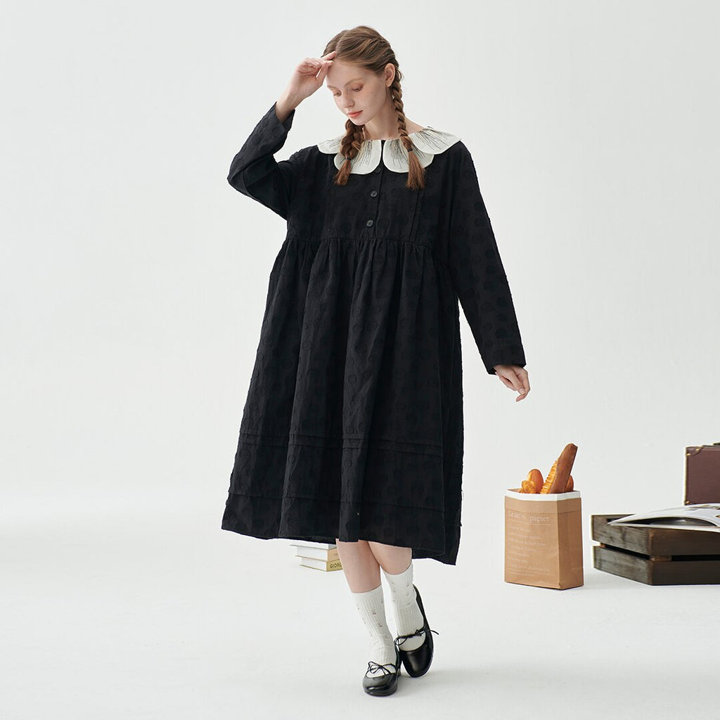 Leorlax Original Black Dress Female Fall New Fashion Girl Long-sleeved Petal Collar Japanese Polka Dot Dresses for Women 2023