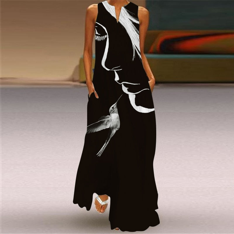 Ladies Spring Summer Long Dress Women Black Sleeveless V-neck Loose Party Dresses Casual Face Print Vintage Beach Dress