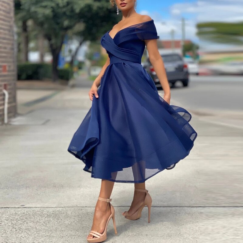 Lady Sexy Off Shoulder Solid Mesh Long Dress Elegant Chic Wrap V Neck Ruffle Dress New Fashion Women A-Line Wedding Party Dress
