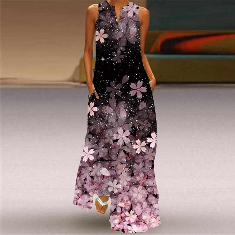 Ladies Spring Summer Long Dress Women Black Sleeveless V-neck Loose Party Dresses Casual Face Print Vintage Beach Dress