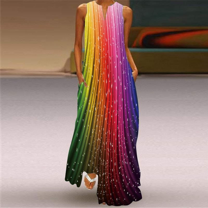 Ladies Spring Summer Long Dress Women Black Sleeveless V-neck Loose Party Dresses Casual Face Print Vintage Beach Dress