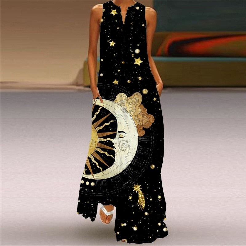 Ladies Spring Summer Long Dress Women Black Sleeveless V-neck Loose Party Dresses Casual Face Print Vintage Beach Dress