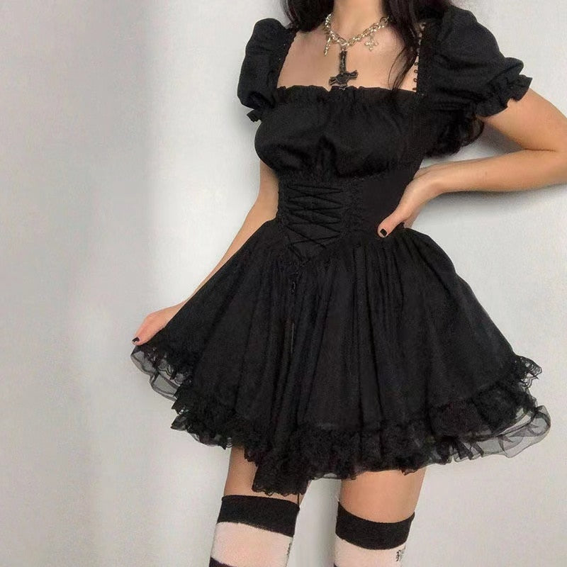 Lolita Black Dress Goth Aesthetic Puff Sleeve High Waist Vintage Bandage Lace Trim Party Gothic Clothes Summer Dress Woman 2022