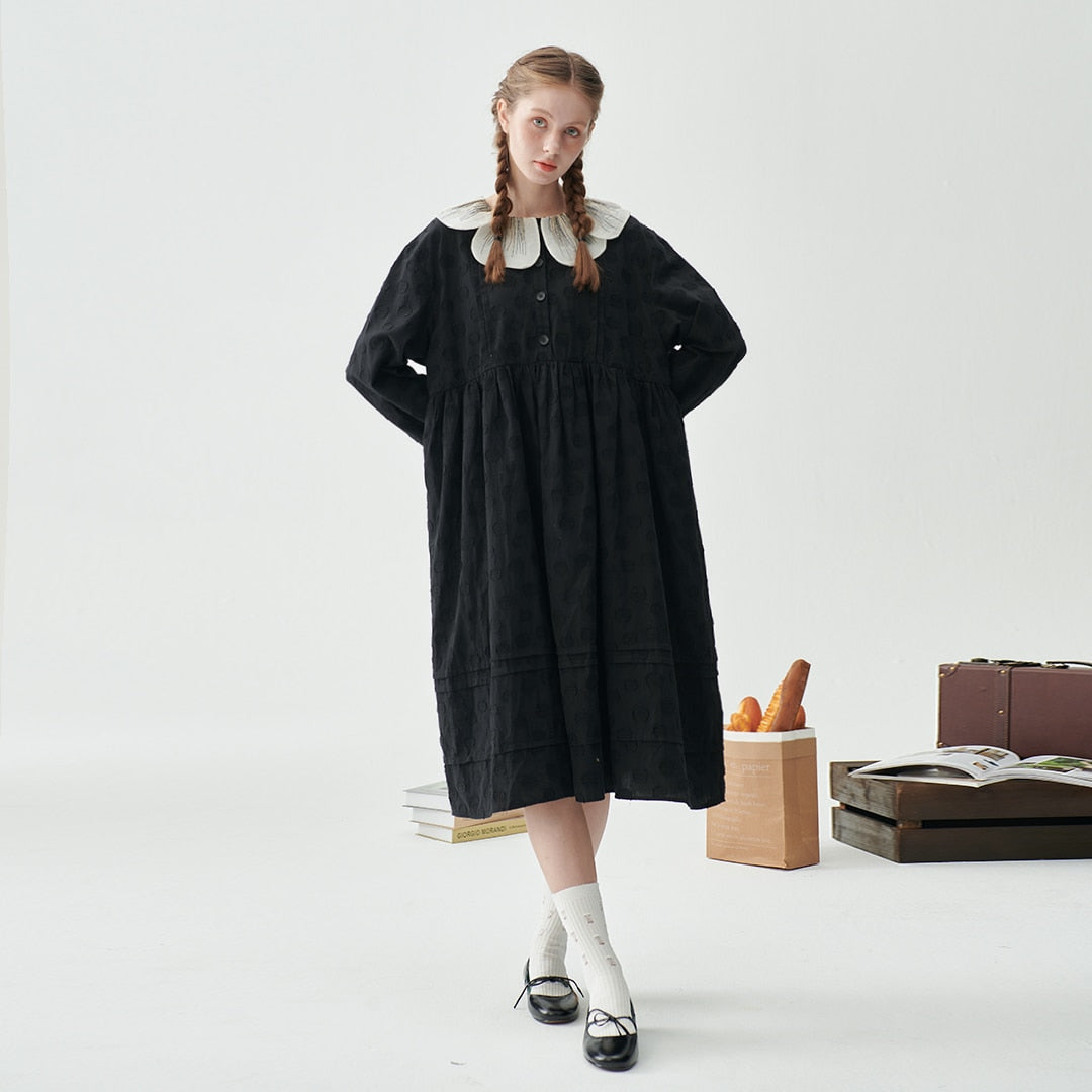 Leorlax Original Black Dress Female Fall New Fashion Girl Long-sleeved Petal Collar Japanese Polka Dot Dresses for Women 2023