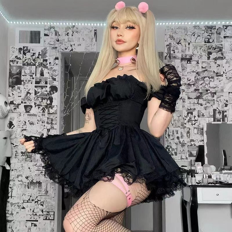 Lolita Black Dress Goth Aesthetic Puff Sleeve High Waist Vintage Bandage Lace Trim Party Gothic Clothes Summer Dress Woman 2022