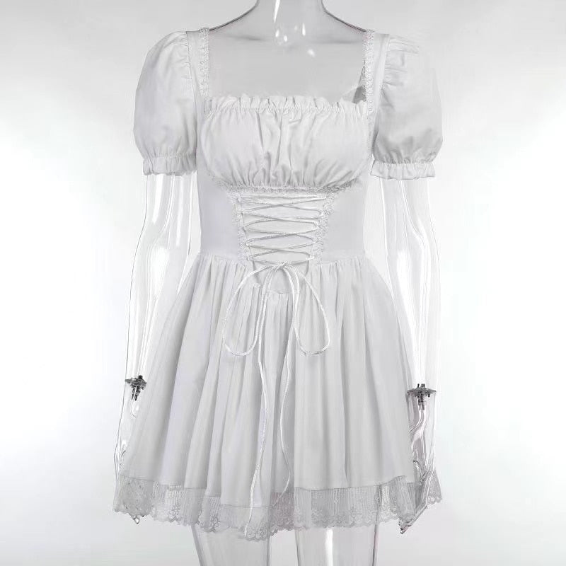 Lolita Black Dress Goth Aesthetic Puff Sleeve High Waist Vintage Bandage Lace Trim Party Gothic Clothes Summer Dress Woman 2022