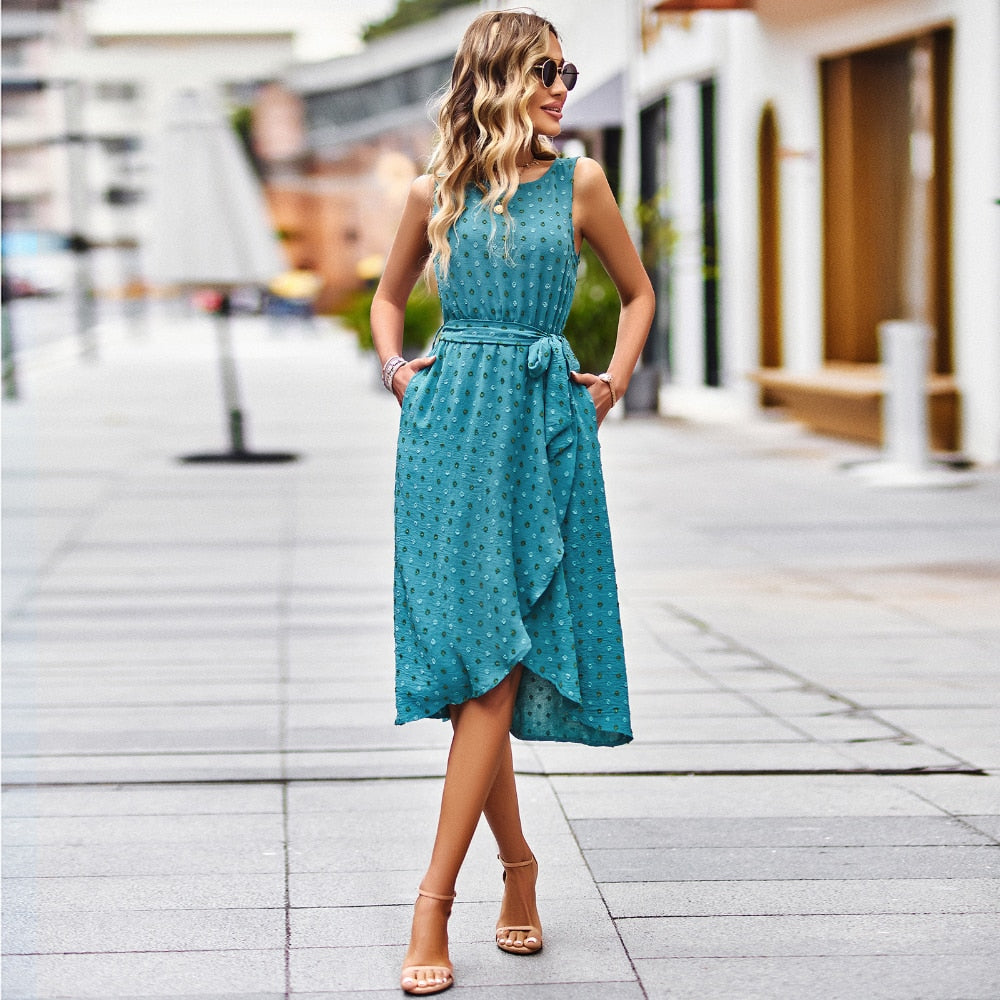 Ladies Sexy Sleeveless Porka Dot Boho Summer Dress Women Casual Bohemian Party Beach White Dress Women Sundress Vestidos Female