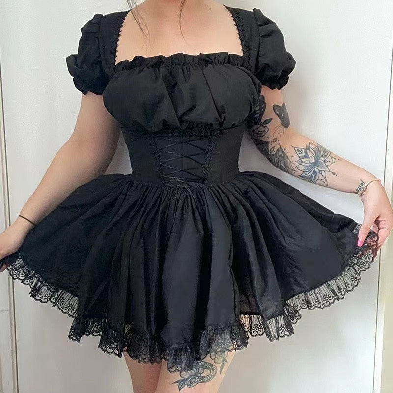 Lolita Black Dress Goth Aesthetic Puff Sleeve High Waist Vintage Bandage Lace Trim Party Gothic Clothes Summer Dress Woman 2022
