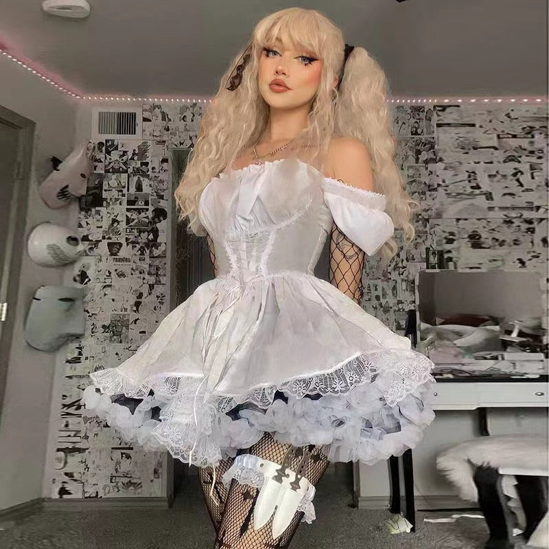 Lolita Black Dress Goth Aesthetic Puff Sleeve High Waist Vintage Bandage Lace Trim Party Gothic Clothes Summer Dress Woman 2022