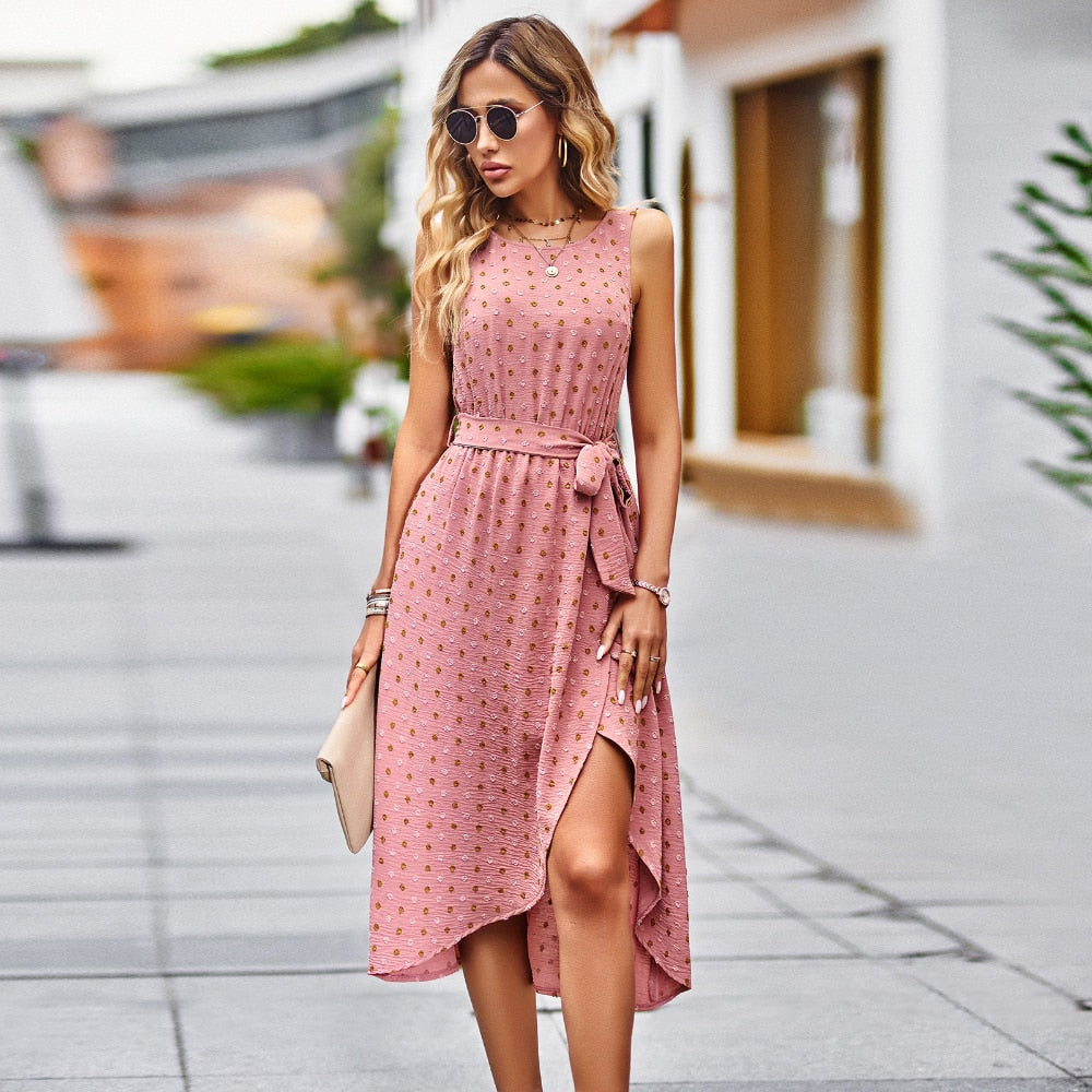 Ladies Sexy Sleeveless Porka Dot Boho Summer Dress Women Casual Bohemian Party Beach White Dress Women Sundress Vestidos Female